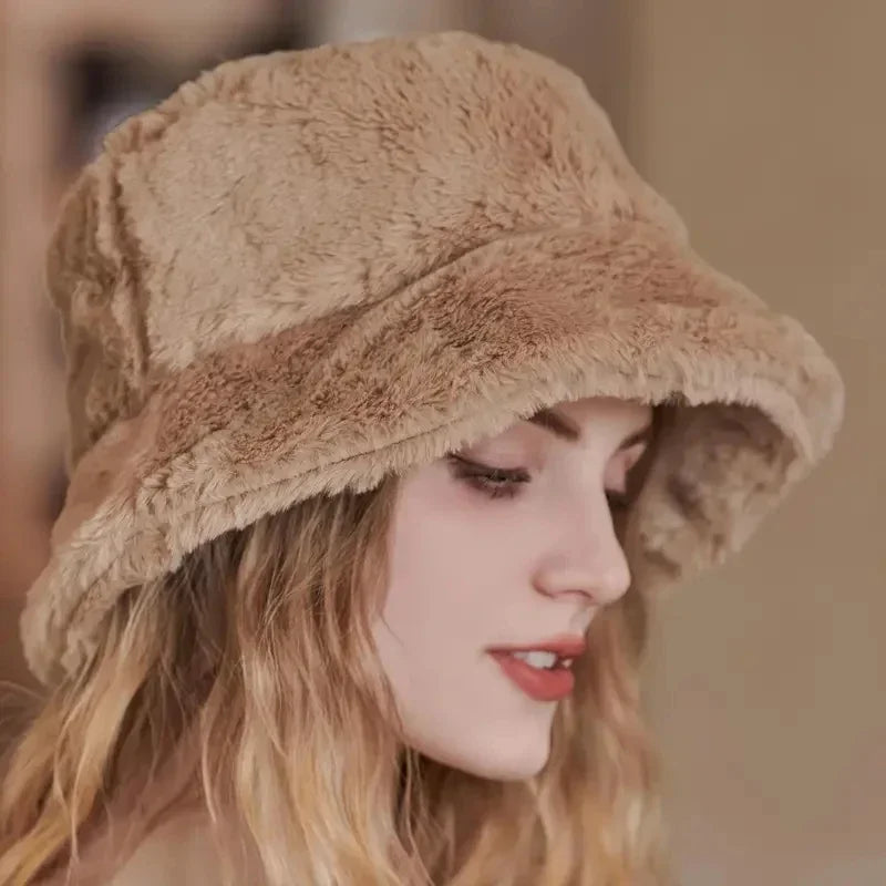 Warm Autumn Bucket Hat made of Rabbit Fur for Ladies - Lorna
