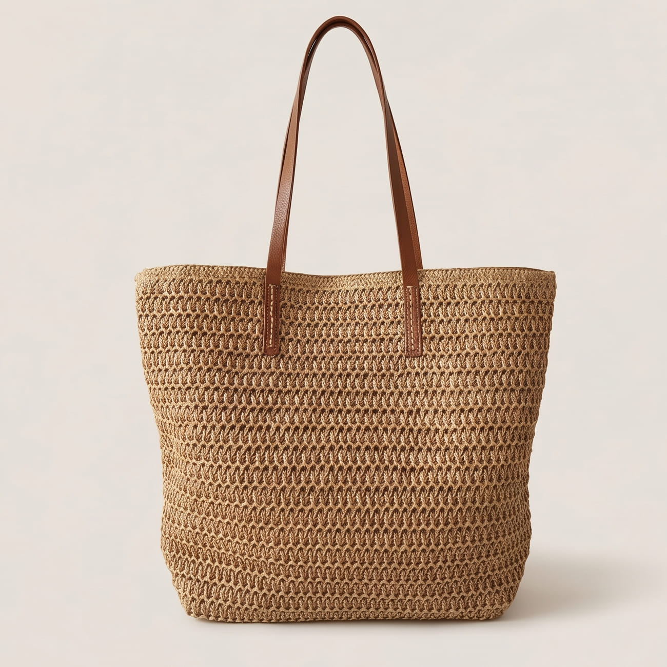 Rattan Woven Bag with Leather Straps - SummerBreeze Tote