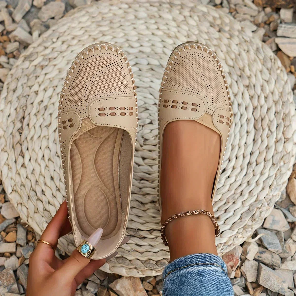 Women's Perforated Slip On Loafers with Flat Sole Support and Breathable Design