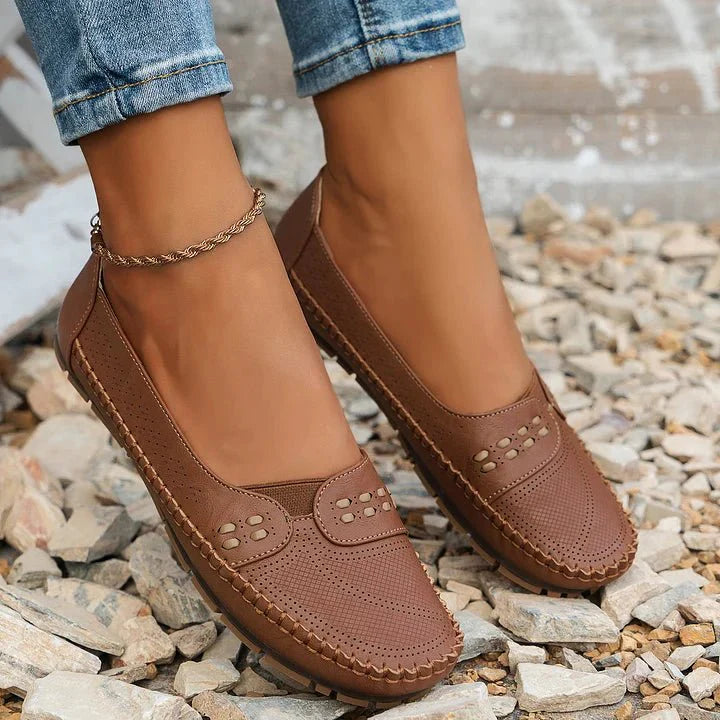 Women's Perforated Slip On Loafers with Flat Sole Support and Breathable Design