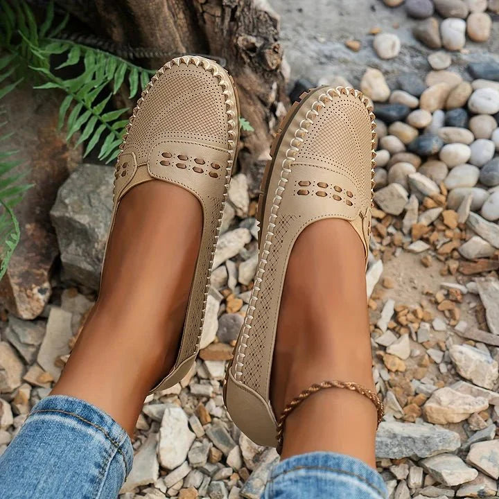 Women's Perforated Slip On Loafers with Flat Sole Support and Breathable Design