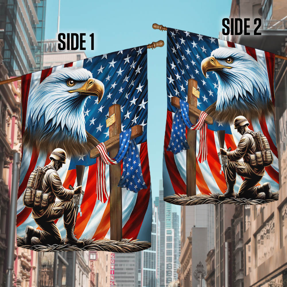 Veterans Day flag, Patriotic Eagle Veteran Kneeling Soldier Christ Cross Memorial Day American Flag